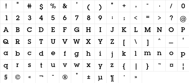 Luga Regular  glyph index