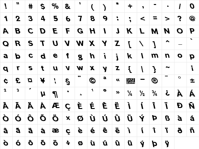 PhinsterLeftyXbold Regular  glyph index