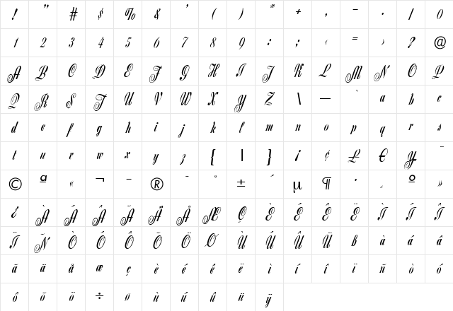 CarmenBecker Regular  glyph index