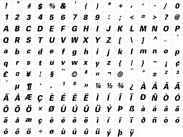 Beetham BlackOblique  glyph index