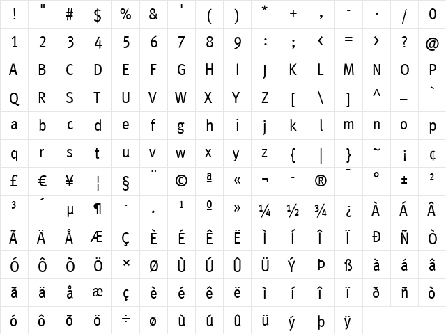 MetaCond Regular  glyph index