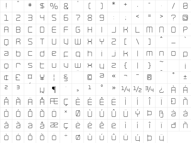 RaveParty Thin Regular  glyph index