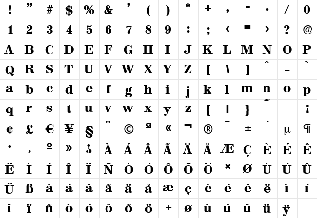 ValenciaSerial-Heavy Regular  glyph index