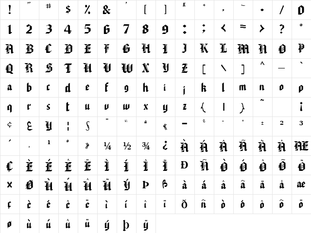 SherWoodFont99 Regular  glyph index
