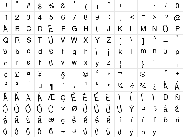 Quick Regular  glyph index