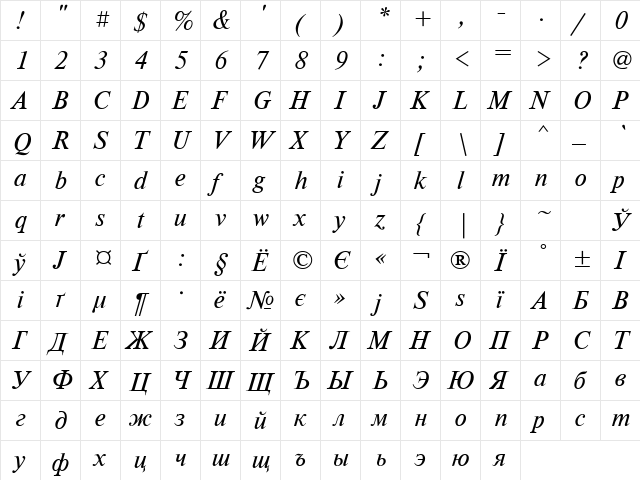 Newton Italic  glyph index