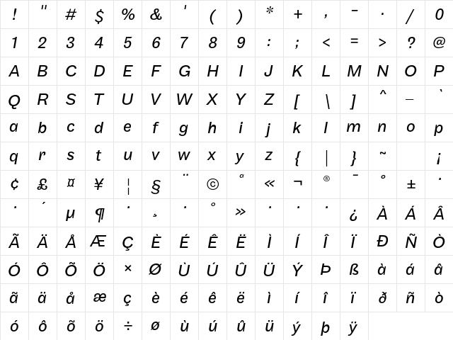 Maple Regular Italic  glyph index