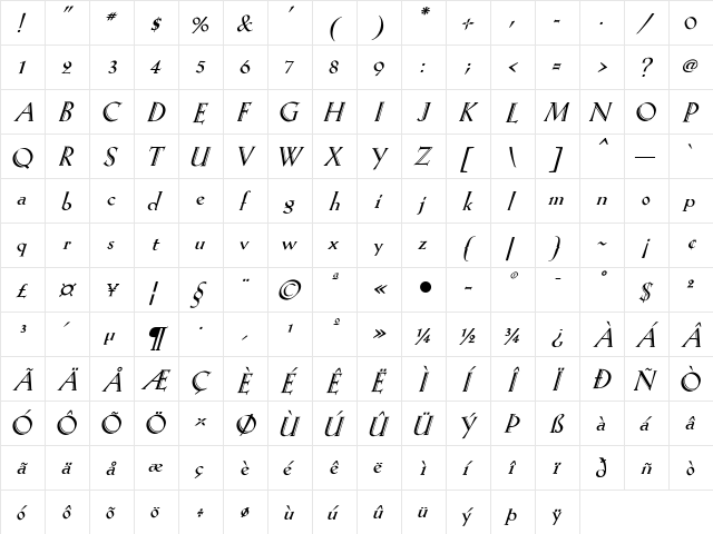 Eva Regular  glyph index