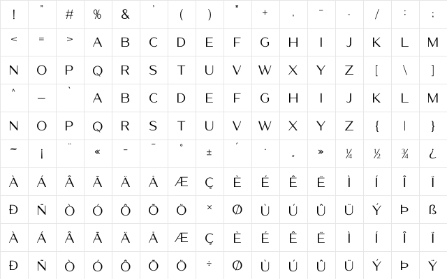 Luxerie Regular  glyph index