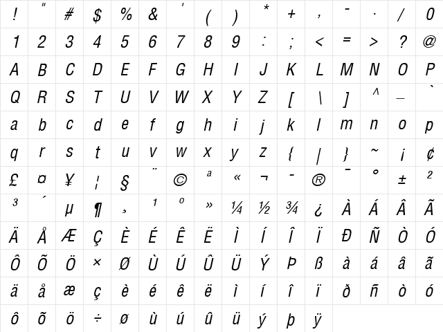Helvetica Condensed Italic  glyph index