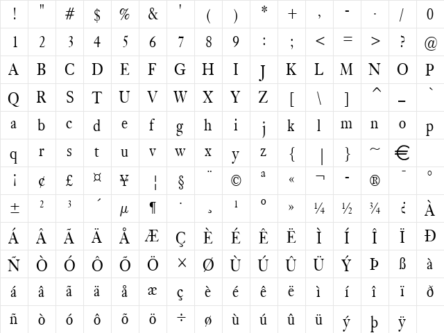 BlissCondensed Normal  glyph index