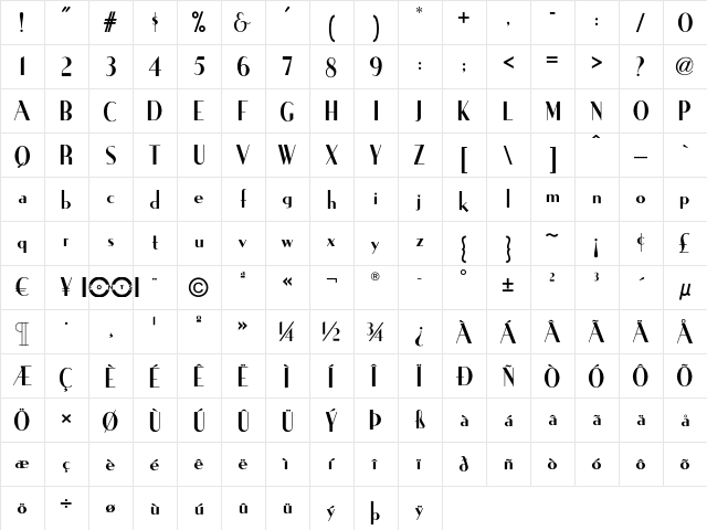 Ironick NF Regular  glyph index