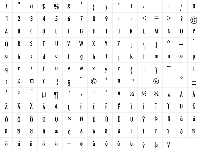 Tw Cen MT Condensed Medium  glyph index
