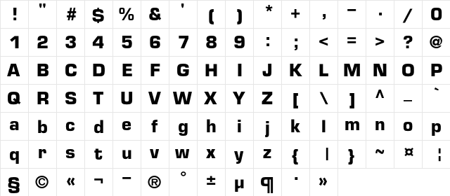 EuropeC Bold  glyph index