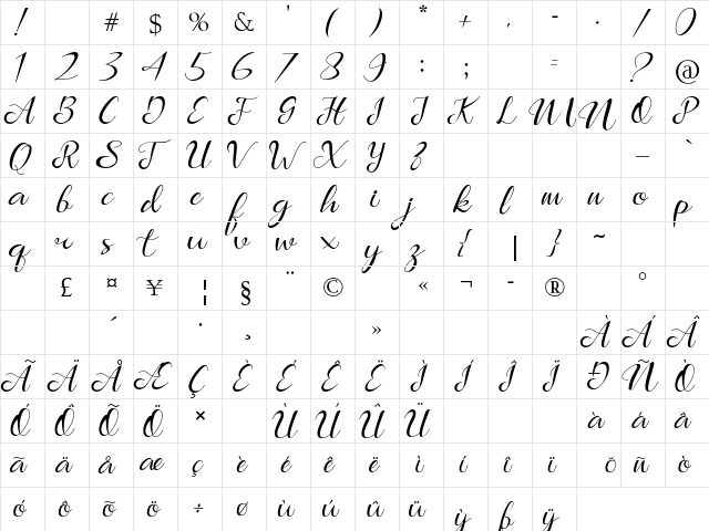 Marlena Regular  glyph index