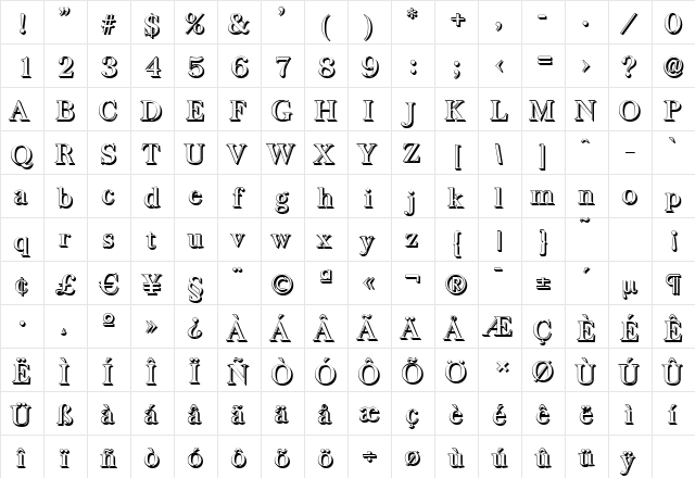 BaskervilleShadow-Medium Regular  glyph index