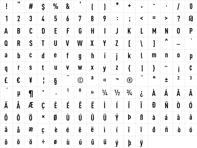 DINCond-Bold Regular  glyph index