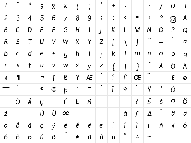 Puritan Regular  glyph index