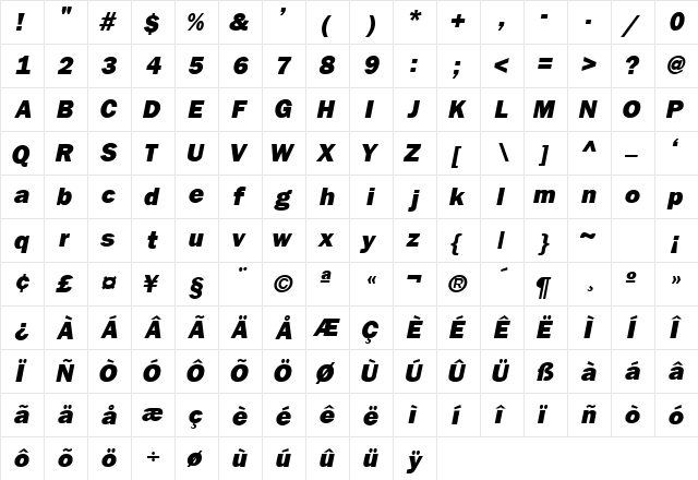 FranklinGothicBlackSSK Italic  glyph index