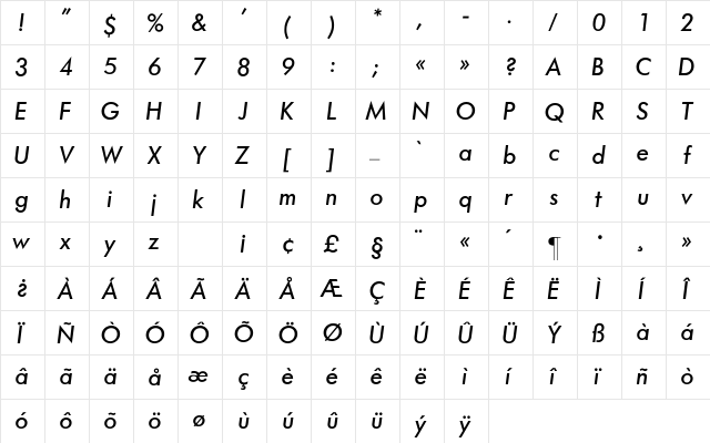 Futura-Medium Italic Regular  glyph index