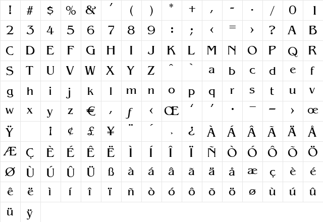 AidaBook Regular  glyph index