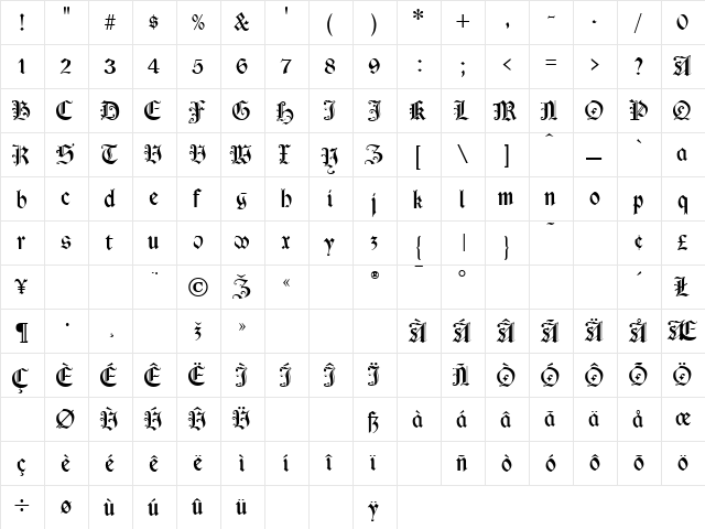 Cimbrian Regular  glyph index