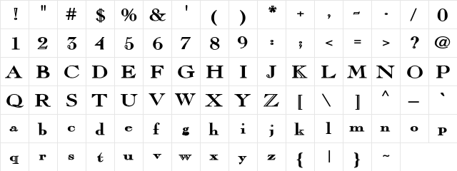 Pinchi-Bold Regular  glyph index