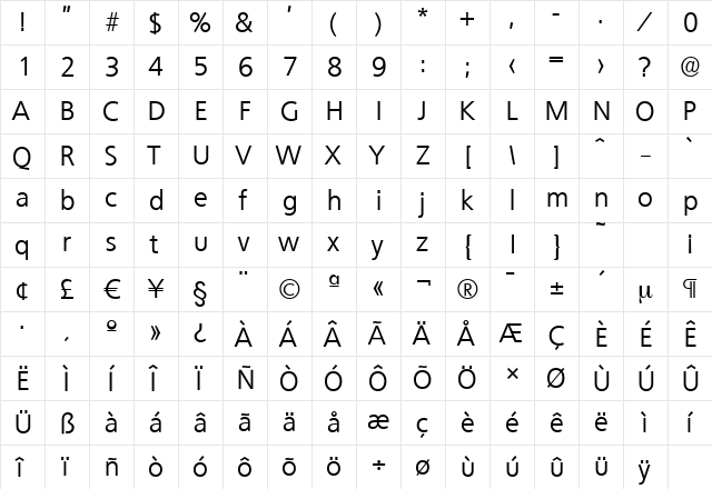 QuebecSerial Regular  glyph index