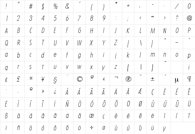 LimerickCond-Serial-ExtraLight RegularItalic  glyph index