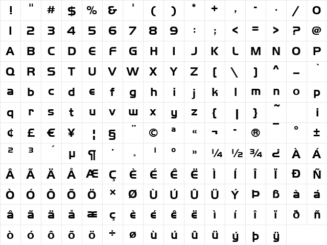 Huntington-Bold Regular  glyph index