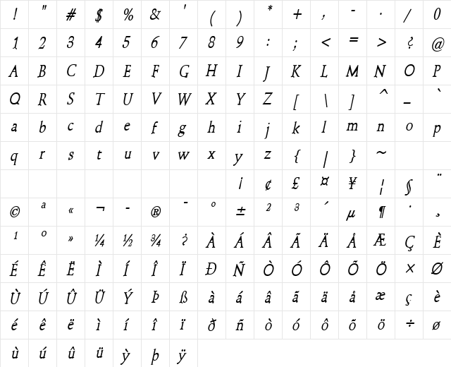 Schroeder-Condensed Bold Italic  glyph index