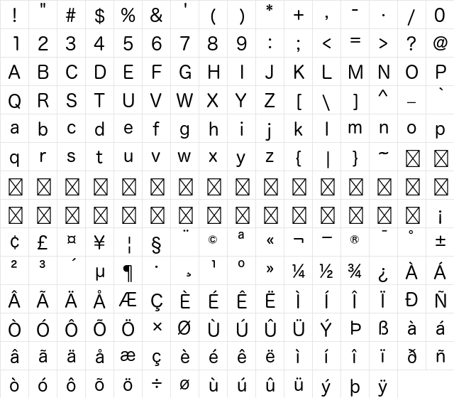 Hiragino Maru Gothic Pro W4  glyph index