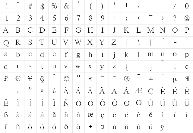 SimonBecker-ExtraLight Regular  glyph index