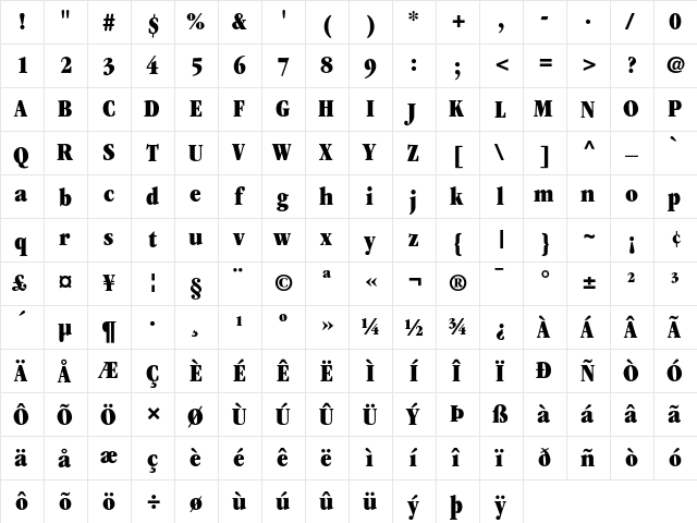 ITC Garamond Ultra Condensed  glyph index