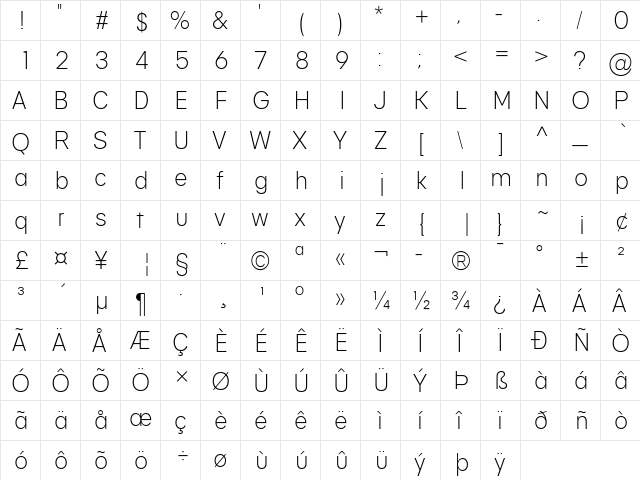 Genera Alt Light  glyph index