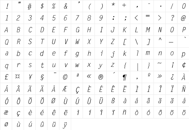 LetterGothic-Italic Regular  glyph index
