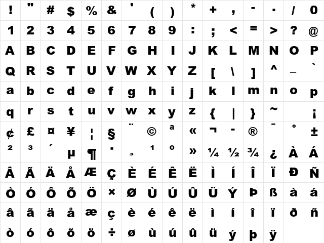 Arial MT Std Black  glyph index