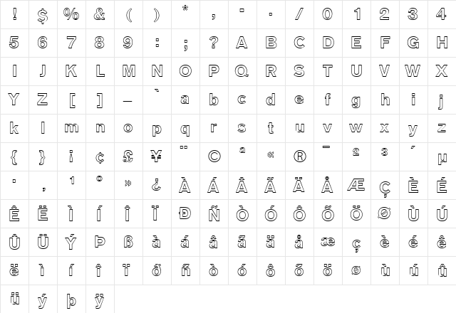 AGOldFaceOutline Bold  glyph index