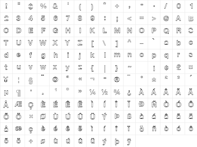 Helvetica Neue LT Com 75 Bold Outline  glyph index