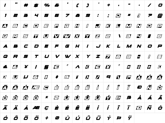voxBOX Italic Italic  glyph index