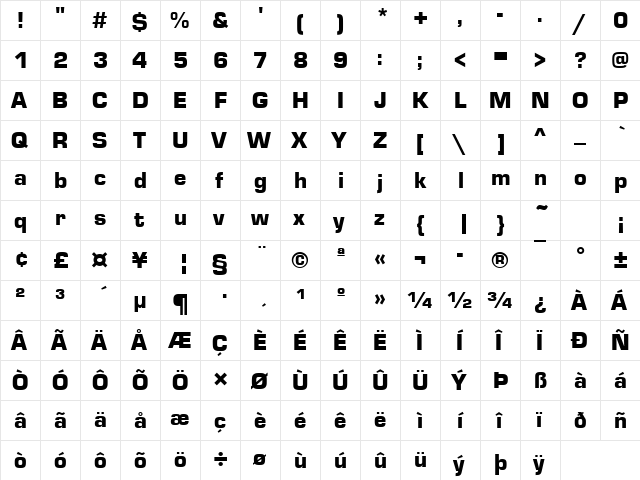 EurostileTBla Regular  glyph index