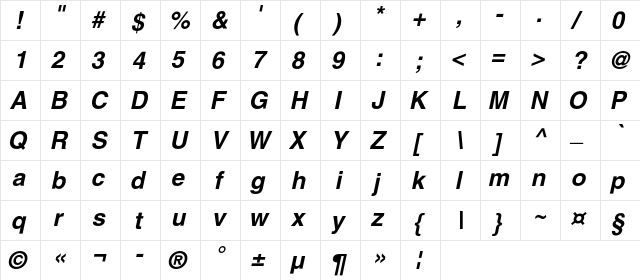 HelgaC Bold Italic  glyph index