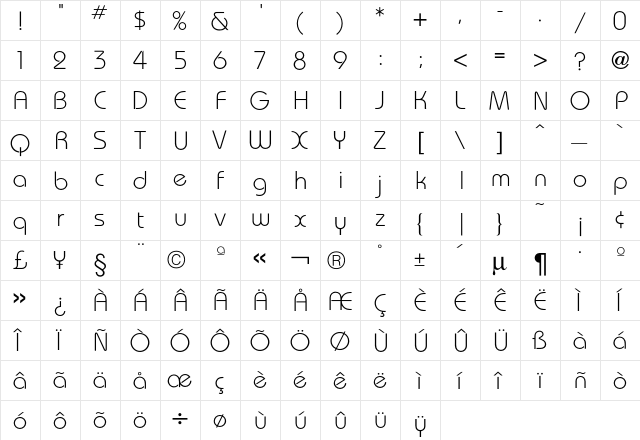 Bauhaus Light  glyph index