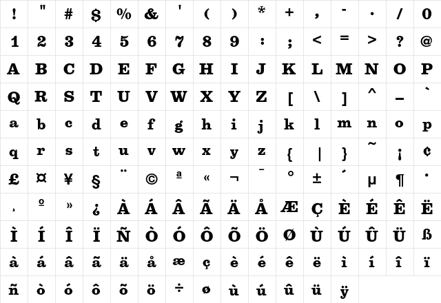 Egizio Bold  glyph index