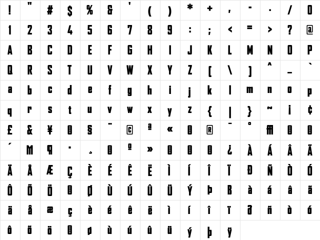 AgencyFB BlackCondensed  glyph index