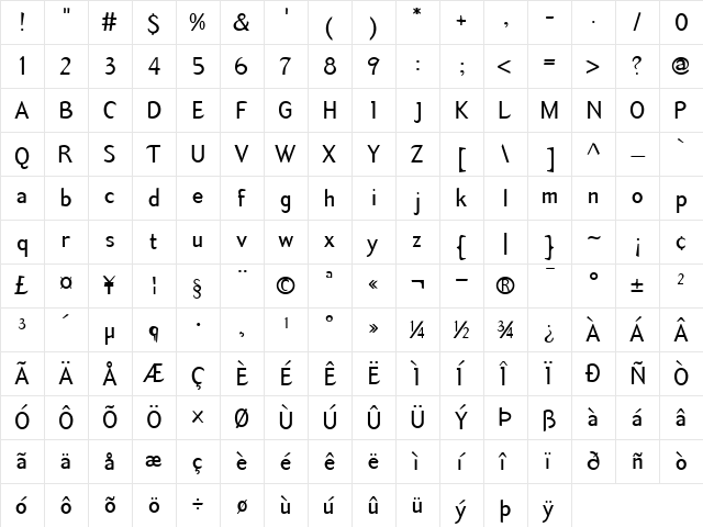 TemaCantanteSans RegularA  glyph index