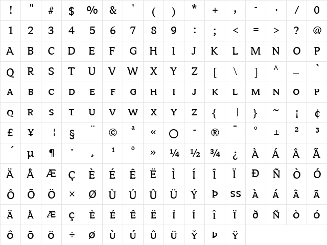 Avance Regular  glyph index