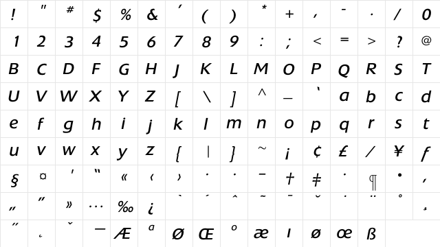 ExtensionBookItalic Regular  glyph index