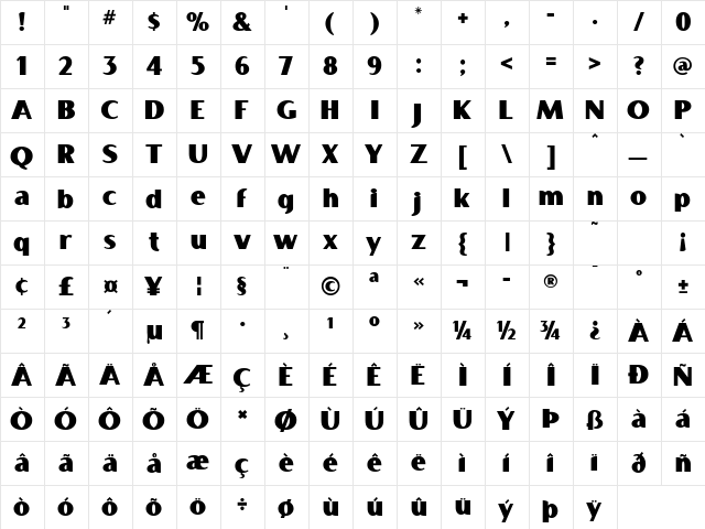 Jacoby Regular  glyph index