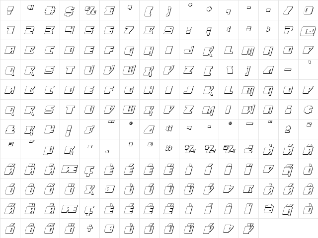 Space Runner 3D Italic Regular  glyph index